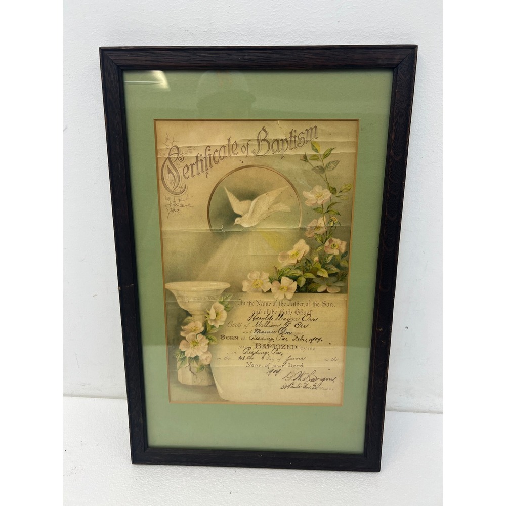 Antique 1909 Baptism Certificate Wood Frame Vintage Wavy Glass Wall Art Hanging